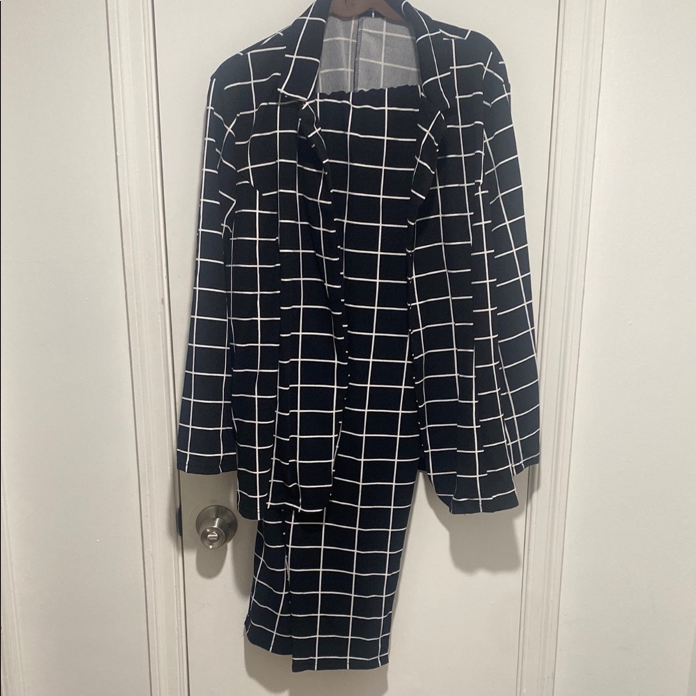 Black and White Grid Pattern Blazer and Pant Set